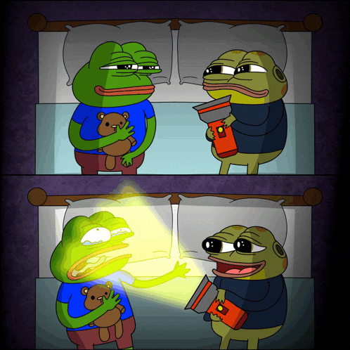 Hoppy and Pepe with a flashlight under the covers