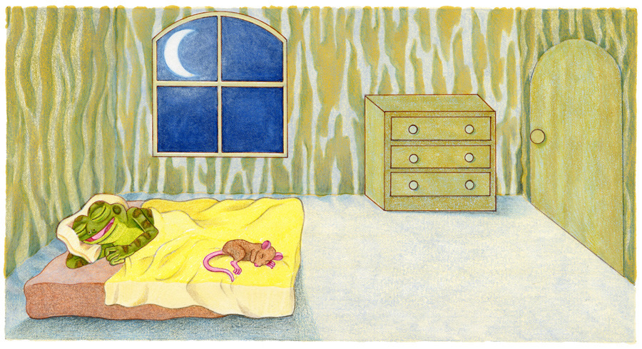 Frog and rat asleep in a moonlit room — interior page from The Night Riders